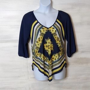 Heartsoul Navy Yellow White Floral Point Front Lightweight Blouse Size XL